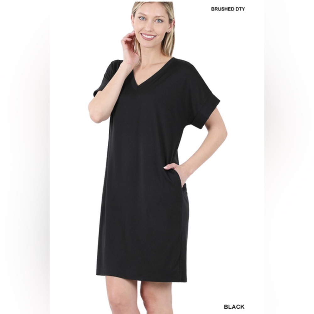 NWT ZENANA BRUSHED DTY ROLLED SHORT SLEEVE V-NECK DRESS